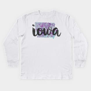 iowa - calligraphy and abstract state outline Kids Long Sleeve T-Shirt